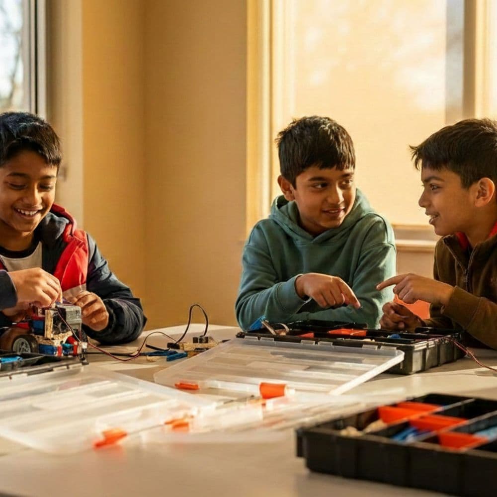 Kids designing a creative tech project together at a ThinkerLab STEM workshop in Melbourne’s west